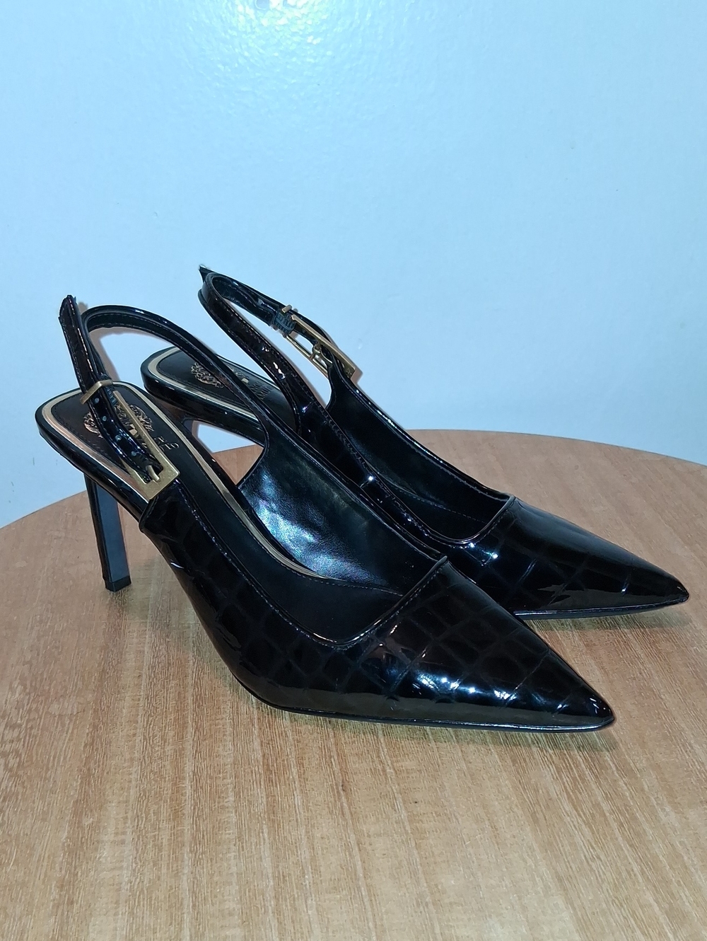 Vince Camuto Black Patent Pointed Slingback Heels with Gold Buckle